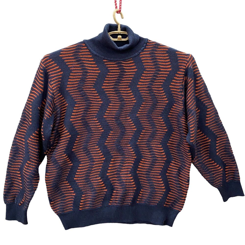 Silversilk Pullover Turtleneck Sweater Mens XL Blue Orange Chevron Geometric